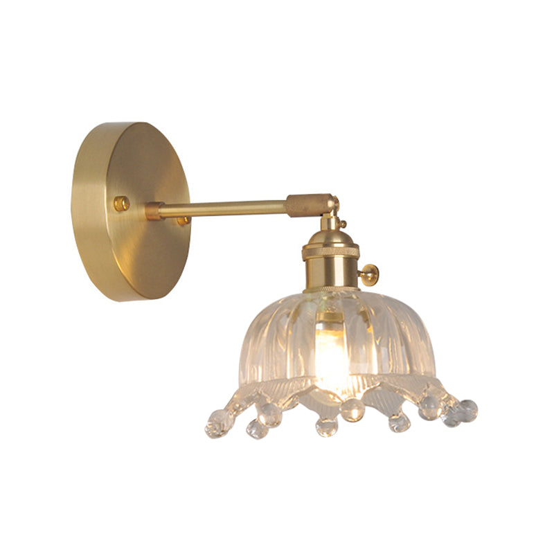 Eisen Messing-Finish Wandleseleuchte Schwenkarm 1-Licht Industrielle Wandlampe mit Blüte/Schale Klarglas-Schirm | Brehn