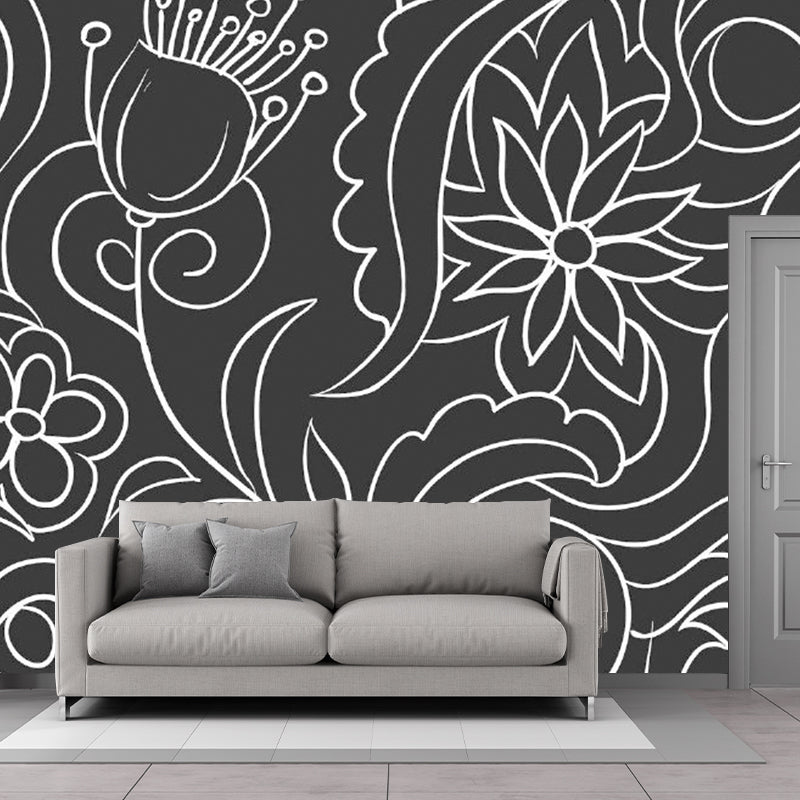 Brehn | Zwart en Wit Minimalistische Muurbehang Hele Bloemenwandkunst voor Woonkamer