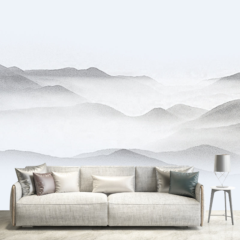 Brehn | Extra Grote Aziatische Muurschildering Behang in Grijs Nevelige Bergen Wanddecoratie, Maatwerkdruk