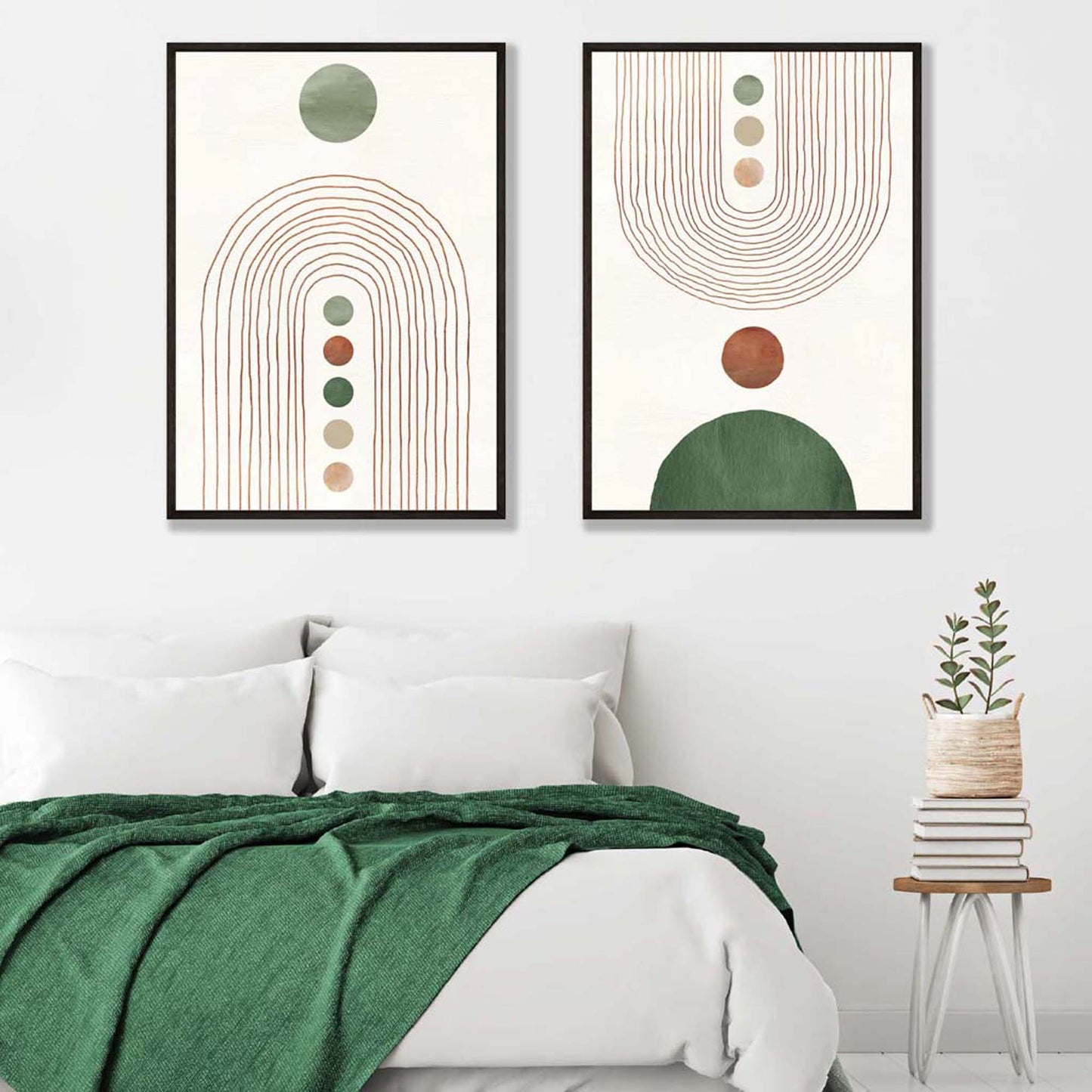Boho-Bögen in Salbeigrün und Creme, Set mit 2 gerahmten Kunstdrucken