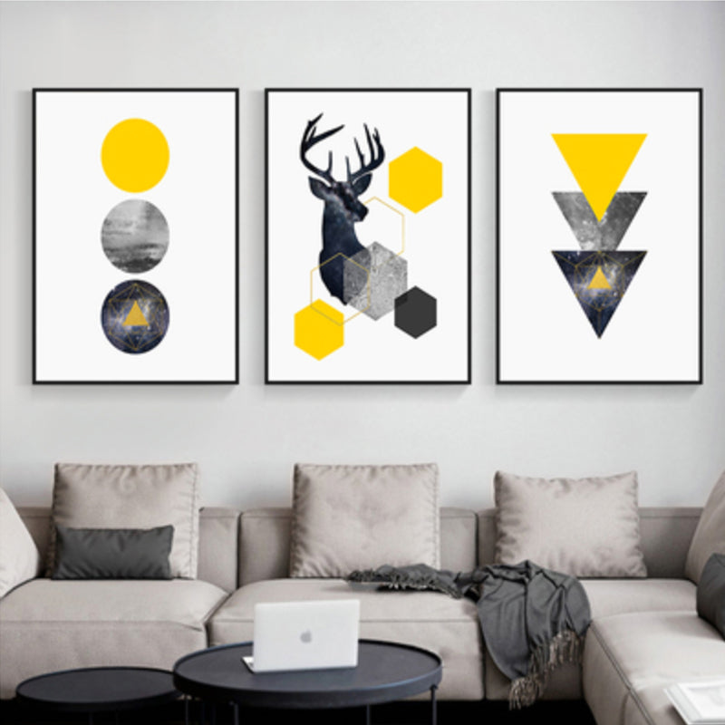 Brehn | Elch und geometrische Formen Leinwandkunst Gelb nordische Wanddekoration für Raum (Set von 3)