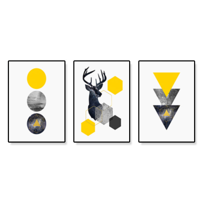 Brehn | Elch und geometrische Formen Leinwandkunst Gelb nordische Wanddekoration für Raum (Set von 3)