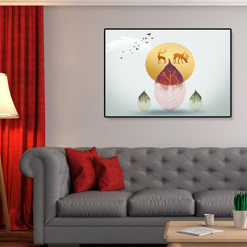 Brehn | Illustration Pflanze Leinwand Nordisch Mysteriös Blatt und Elch Wandkunstdruck in sanfter Farbe