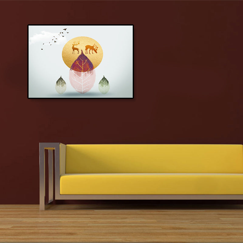Brehn | Illustration Pflanze Leinwand Nordisch Mysteriös Blatt und Elch Wandkunstdruck in sanfter Farbe