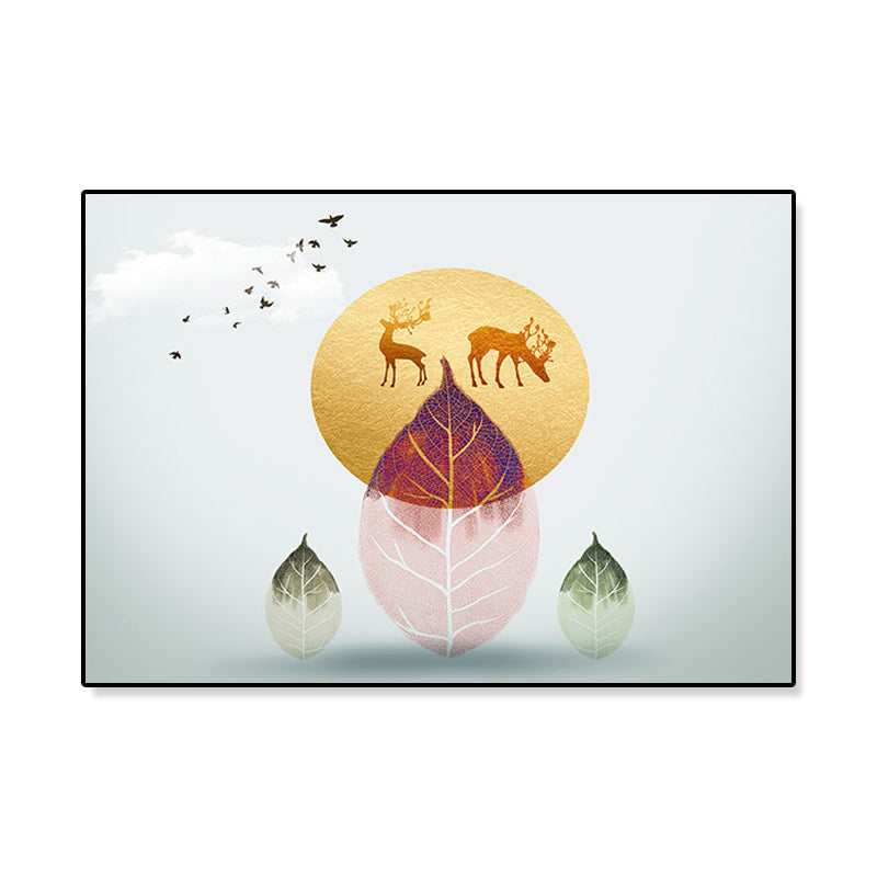 Brehn | Illustration Pflanze Leinwand Nordisch Mysteriös Blatt und Elch Wandkunstdruck in sanfter Farbe