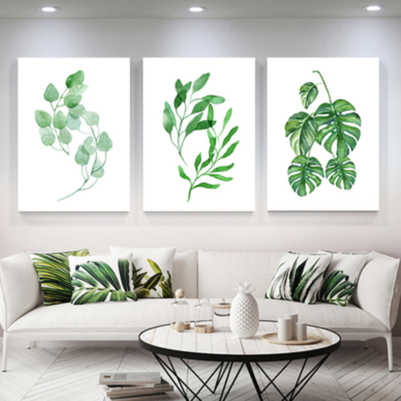 Brehn | Minimalistische Pflanzenblätter Leinwandkunst Grünes strukturiertes Wanddekor für den Raum (Set von 3)