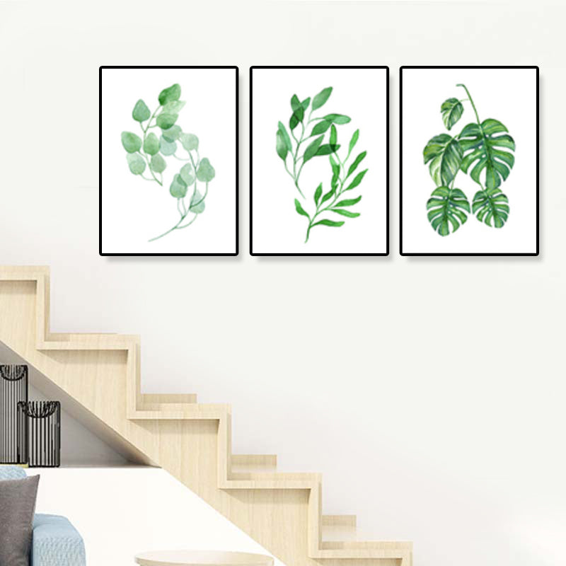 Brehn | Minimalistische Pflanzenblätter Leinwandkunst Grünes strukturiertes Wanddekor für den Raum (Set von 3)