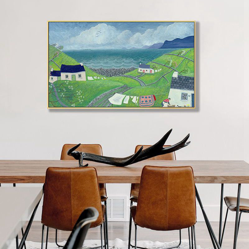 Brehn | Malersk Landschaft Wandkunst Wohnzimmer Illustration Landhaus Leinwand in heller Farbe