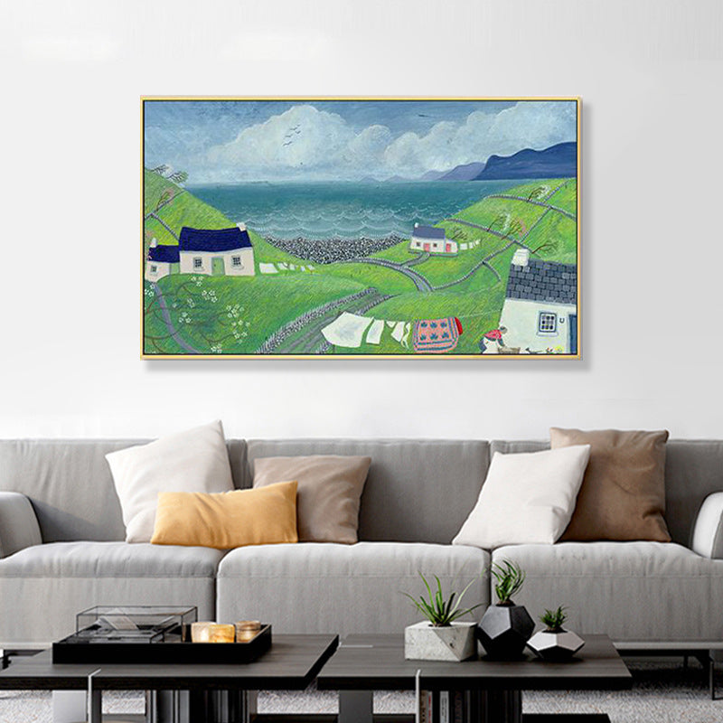 Brehn | Malersk Landschaft Wandkunst Wohnzimmer Illustration Landhaus Leinwand in heller Farbe
