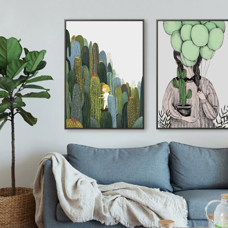 Brehn | Mädchen und Kaktus Wandkunst Texturiert Zeitgenössisches Wohnzimmer Leinwanddruck in sanften Farben