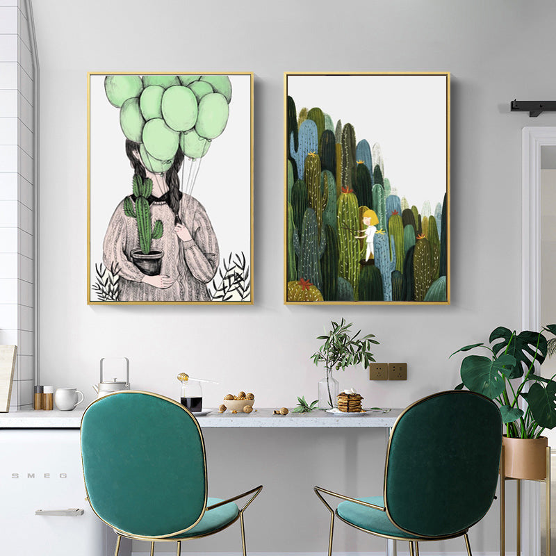 Brehn | Mädchen und Kaktus Wandkunst Texturiert Zeitgenössisches Wohnzimmer Leinwanddruck in sanften Farben
