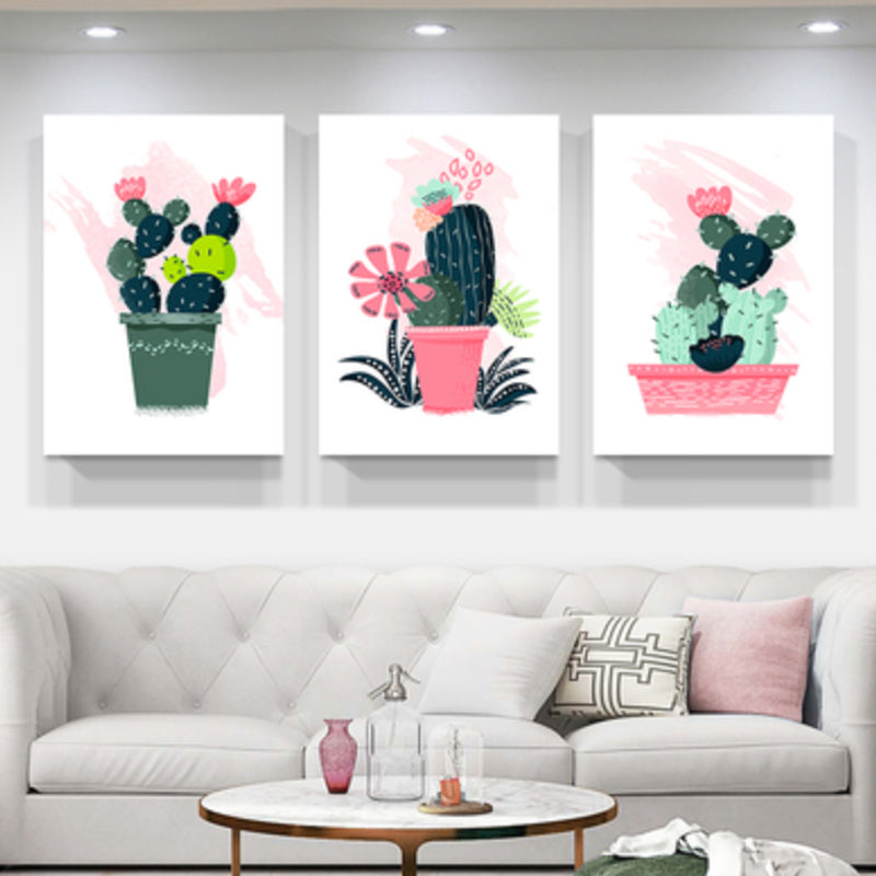 Brehn | Bonsai Topfpflanze Kaktus Kunstdruck Nordischer Leinwand Wanddekoration in Pink für das Wohnzimmer