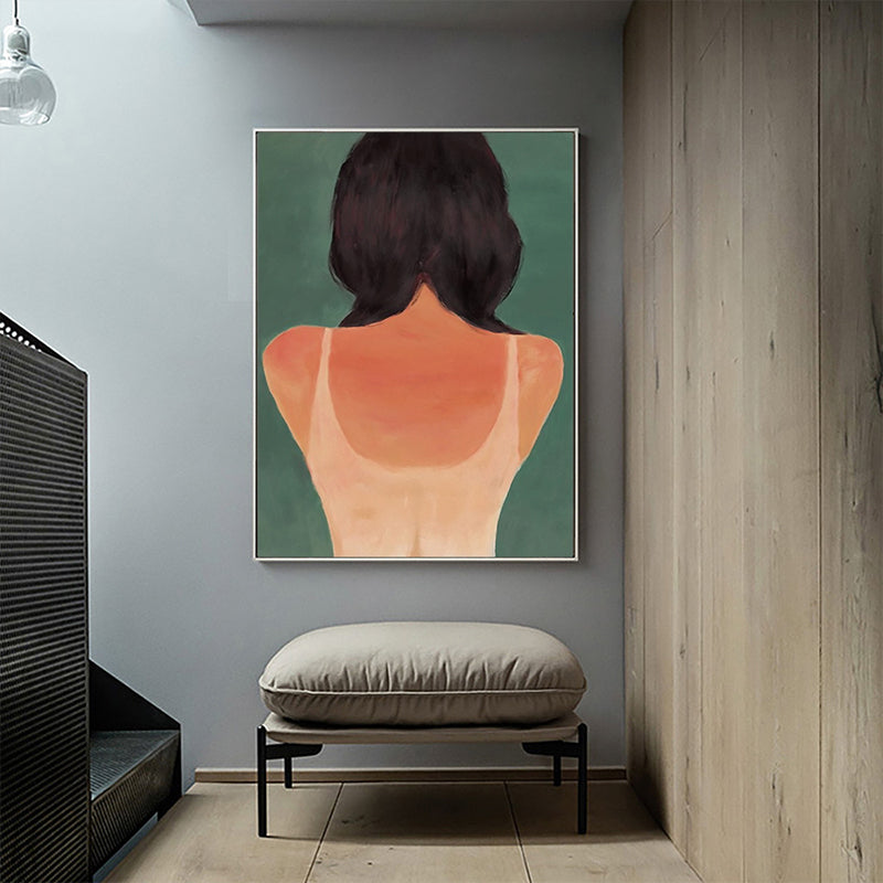 Brehn | Orange Pop-Art-Wanddekoration Illustration der Rückseite eines jungen Mädchens Leinwanddruck für das Zimmer