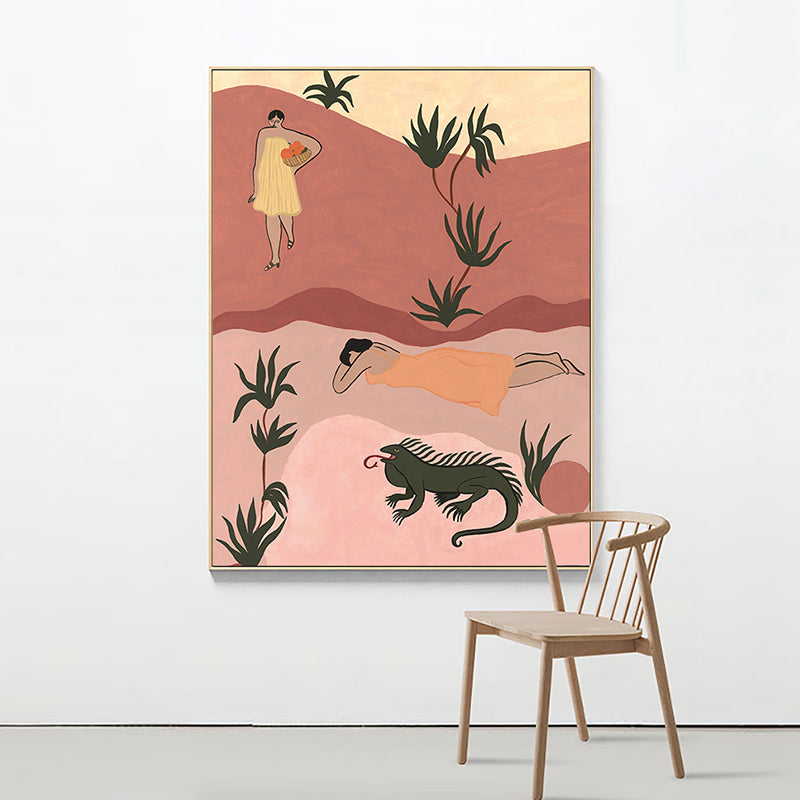 Brehn | Pop Art Sonnebadende Frauen Leinwanddruck Orange Texturiertes Wanddekor für Hausinterieur
