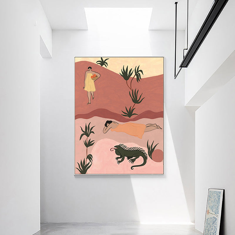 Brehn | Pop Art Sonnebadende Frauen Leinwanddruck Orange Texturiertes Wanddekor für Hausinterieur