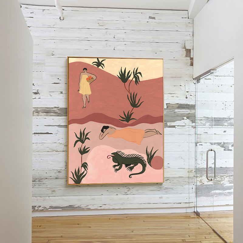 Brehn | Pop Art Sonnebadende Frauen Leinwanddruck Orange Texturiertes Wanddekor für Hausinterieur