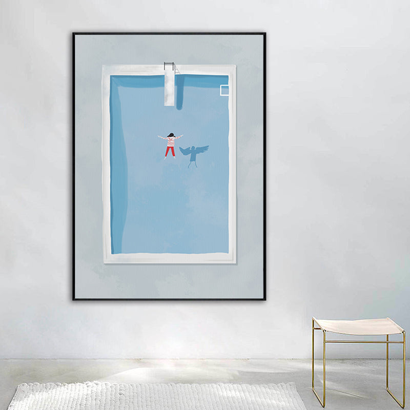 Brehn | Illustration kleines Mädchen schwimmend Kunstdruck blaue Leinwand gemacht Wanddekoration, strukturiert