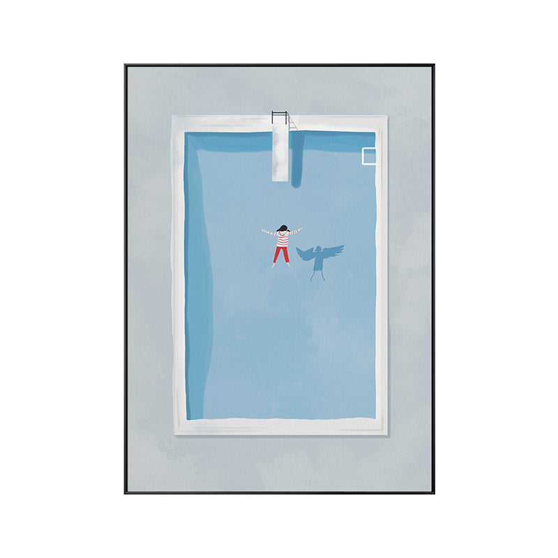 Brehn | Illustration kleines Mädchen schwimmend Kunstdruck blaue Leinwand gemacht Wanddekoration, strukturiert