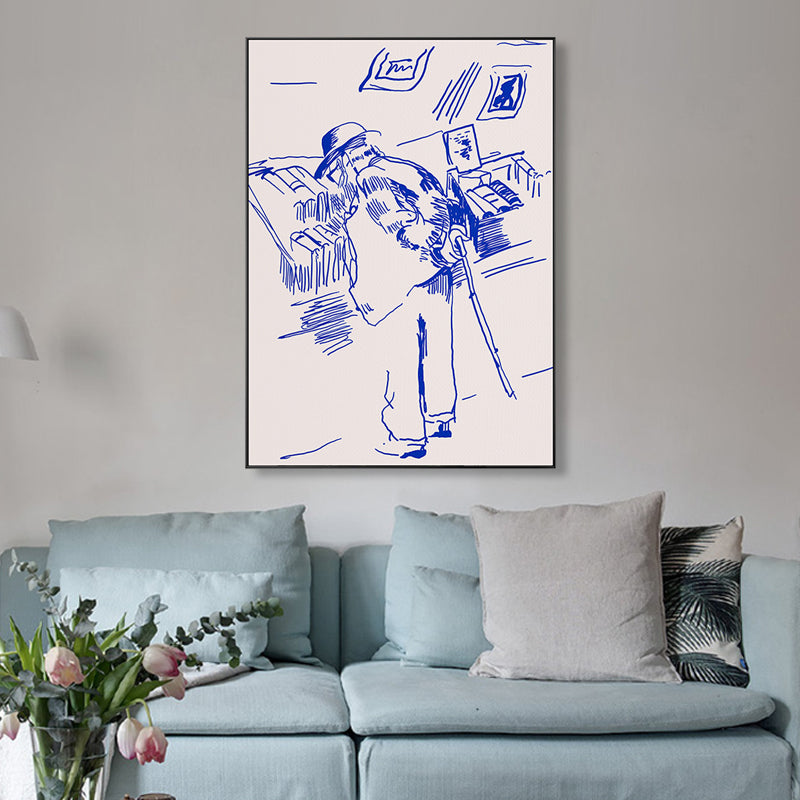 Brehn | Pen Skizze Buchhandlung Opa Leinwand Schlafzimmer Illustration Figur Wandkunst in Blau für Dekor