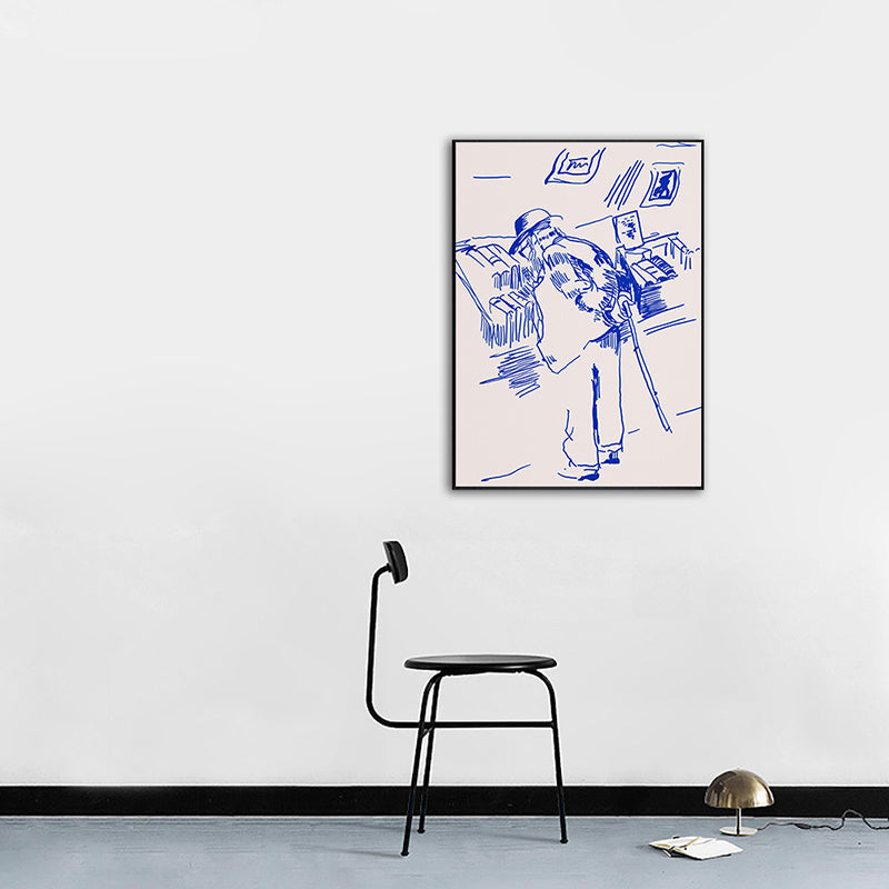 Brehn | Pen Skizze Buchhandlung Opa Leinwand Schlafzimmer Illustration Figur Wandkunst in Blau für Dekor