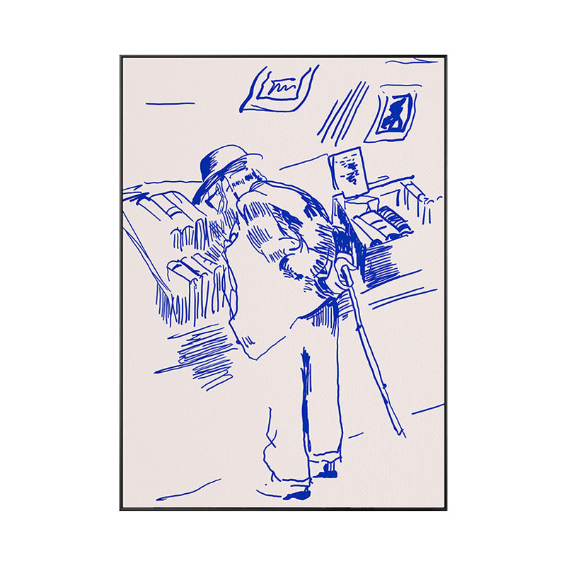 Brehn | Pen Skizze Buchhandlung Opa Leinwand Schlafzimmer Illustration Figur Wandkunst in Blau für Dekor