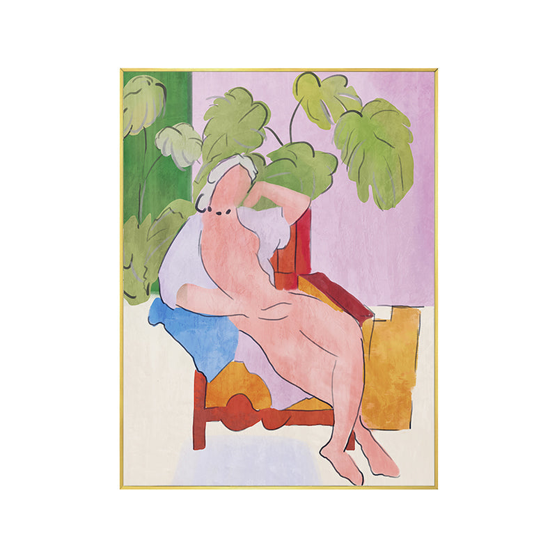 Brehn | Grün Pop Art Leinwand Illustriert das Modell Liegend an Terrasse Wanddekoration für Flur
