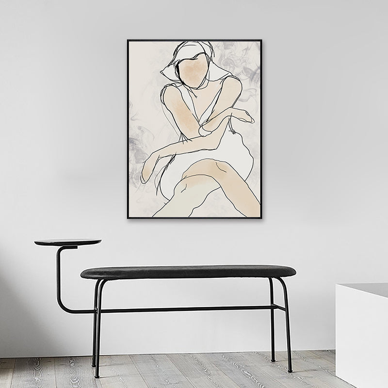 Brehn | Weiße Linienkunst Frau Leinwanddruck Figur Minimalistische Texturierte Wanddekoration für Schlafzimmer
