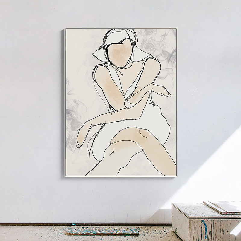 Brehn | Weiße Linienkunst Frau Leinwanddruck Figur Minimalistische Texturierte Wanddekoration für Schlafzimmer