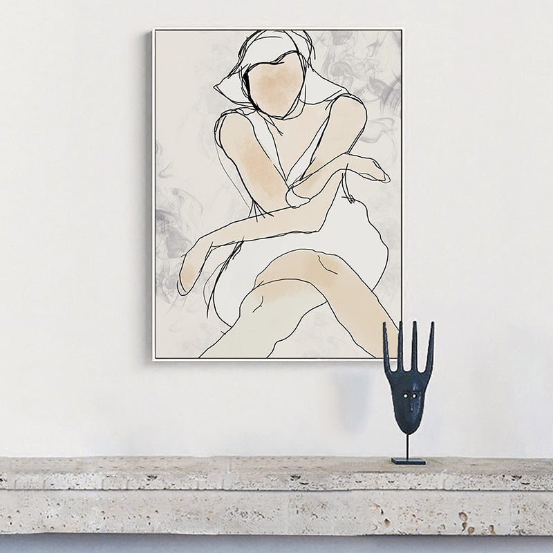 Brehn | Weiße Linienkunst Frau Leinwanddruck Figur Minimalistische Texturierte Wanddekoration für Schlafzimmer