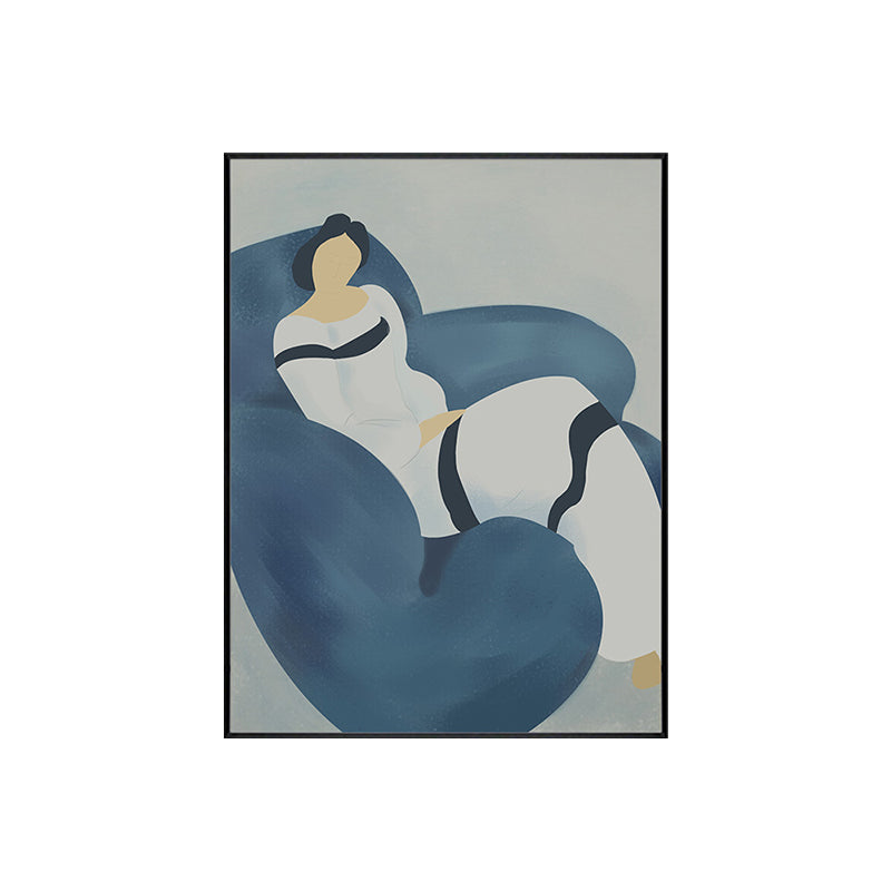 Brehn | Illustration Nordic Canvas Wandkunst mit Frau auf dem Sofa Muster in Blau für Raum