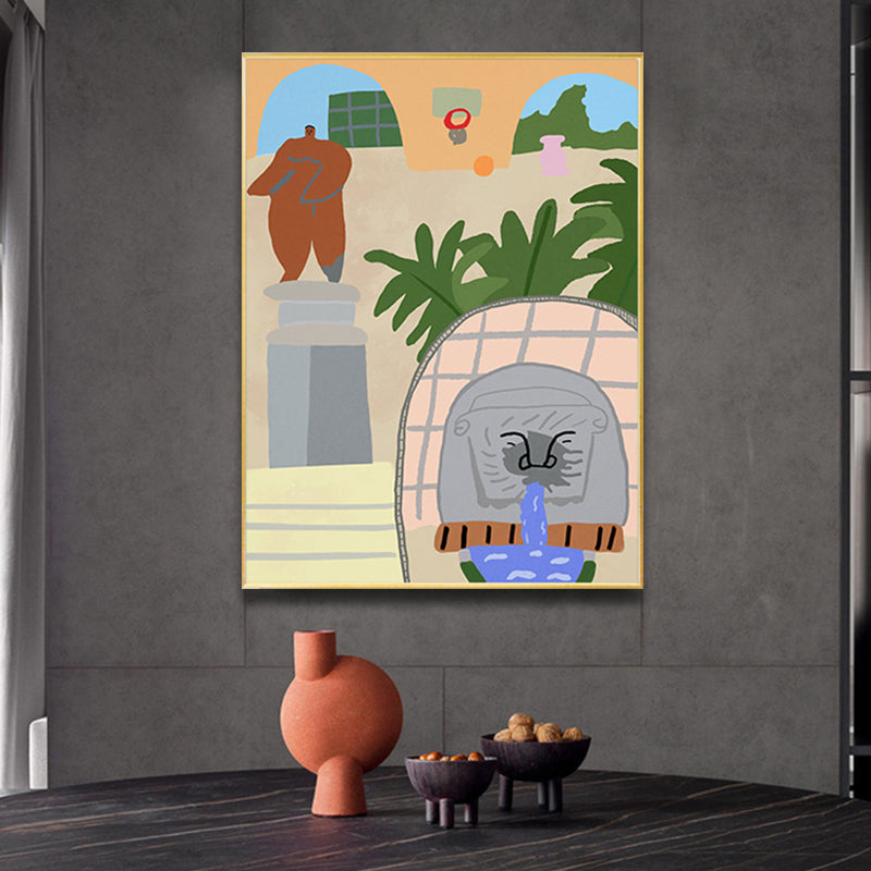 Brehn | Illustriertes Innenhofblick-Leinwandkunst Pastell Funky Wanddekoration für Hausinterieur