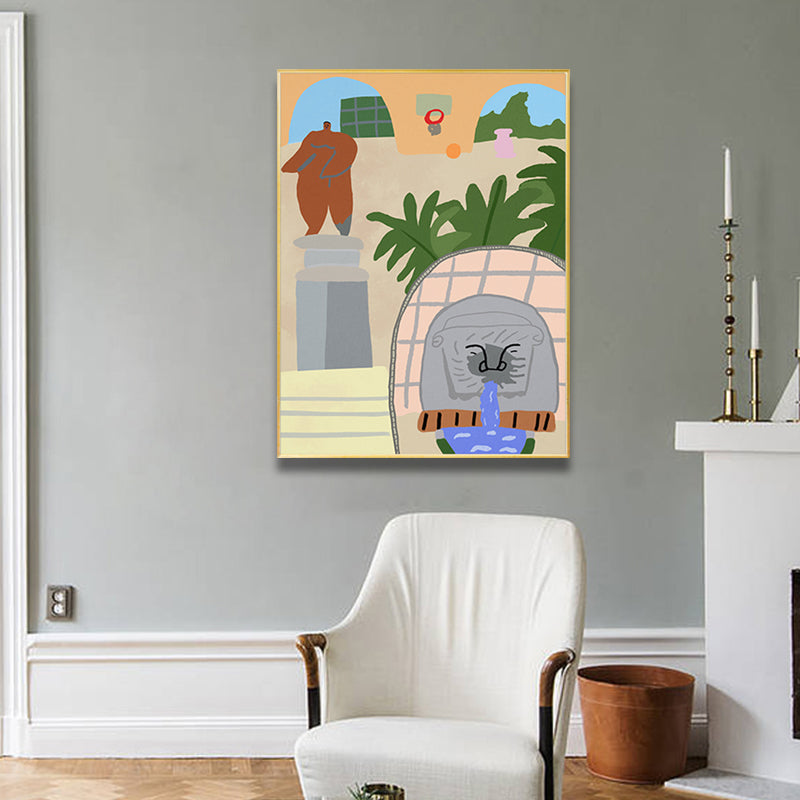 Brehn | Illustriertes Innenhofblick-Leinwandkunst Pastell Funky Wanddekoration für Hausinterieur