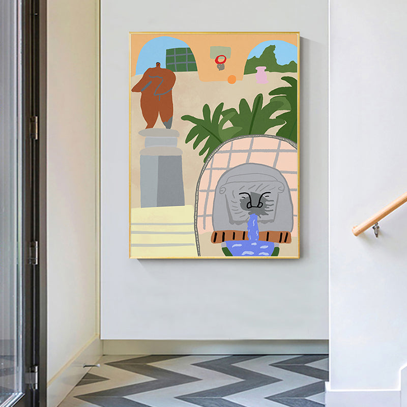 Brehn | Illustriertes Innenhofblick-Leinwandkunst Pastell Funky Wanddekoration für Hausinterieur