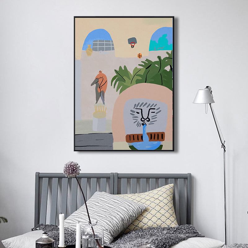 Brehn | Illustriertes Innenhofblick-Leinwandkunst Pastell Funky Wanddekoration für Hausinterieur