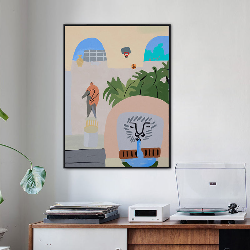 Brehn | Illustriertes Innenhofblick-Leinwandkunst Pastell Funky Wanddekoration für Hausinterieur