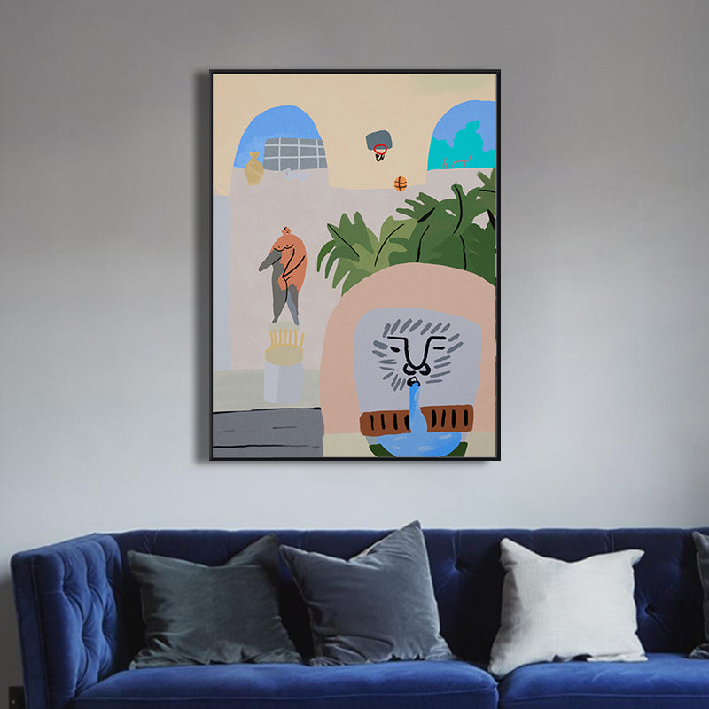 Brehn | Illustriertes Innenhofblick-Leinwandkunst Pastell Funky Wanddekoration für Hausinterieur