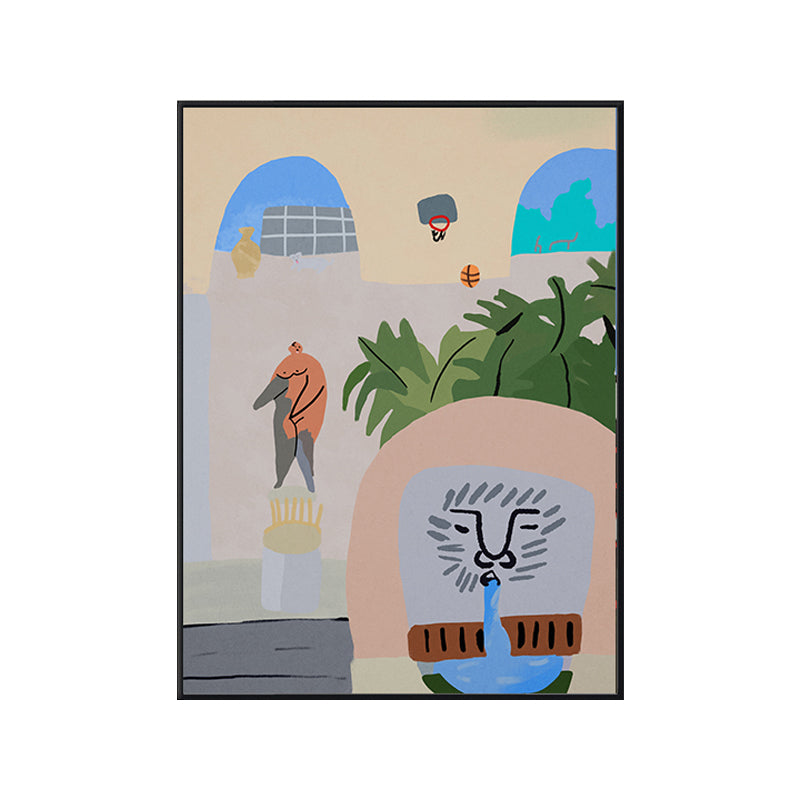 Brehn | Illustriertes Innenhofblick-Leinwandkunst Pastell Funky Wanddekoration für Hausinterieur