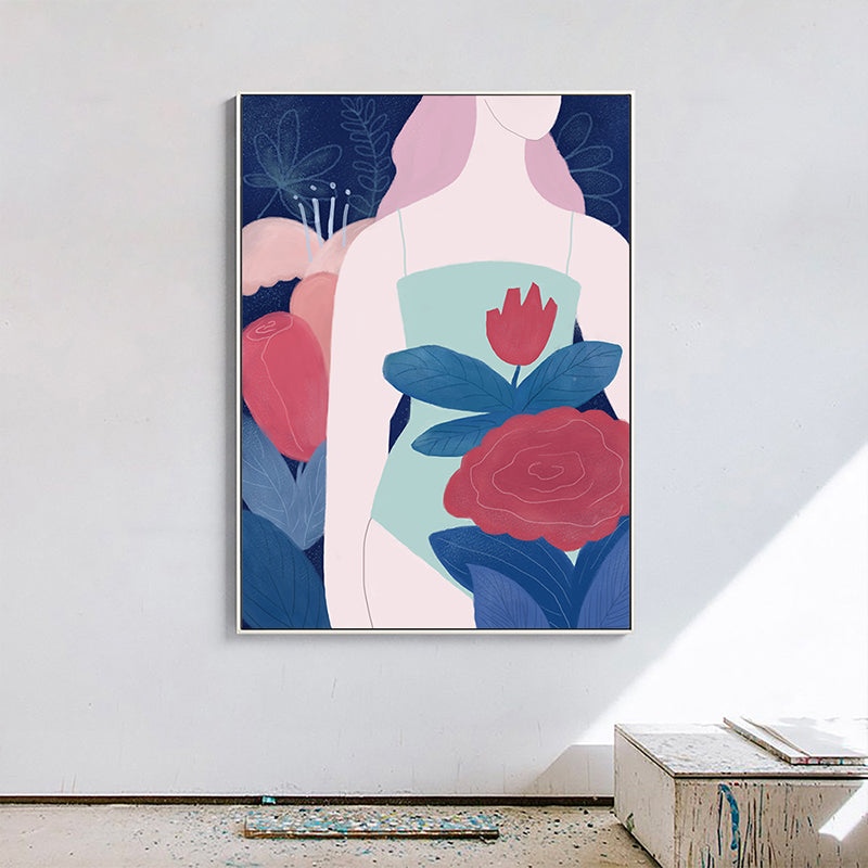 Brehn | Frau in den Blumen Leinwanddruck Flur Figur Wandkunst Dekor in Rot, Texturiert
