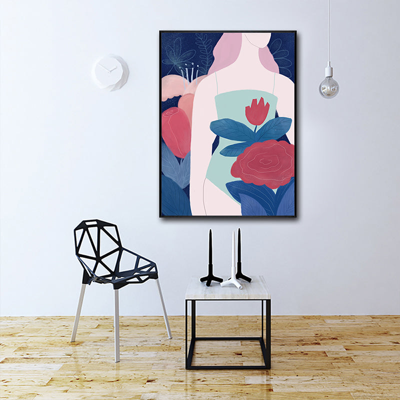 Brehn | Frau in den Blumen Leinwanddruck Flur Figur Wandkunst Dekor in Rot, Texturiert