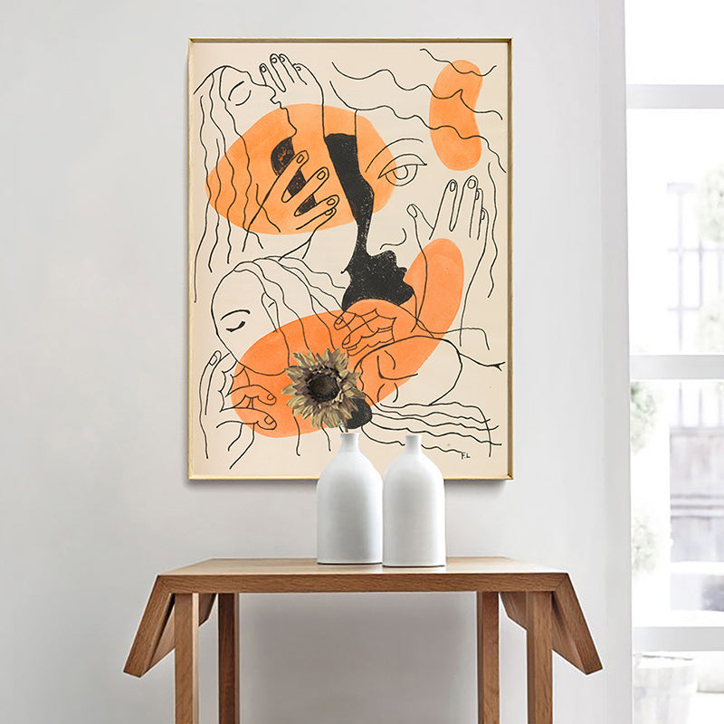 Brehn | Orange Linienzeichnung Figuren Kunstdruck Gesichter und Hände Funky texturierte Leinwand für Zimmer