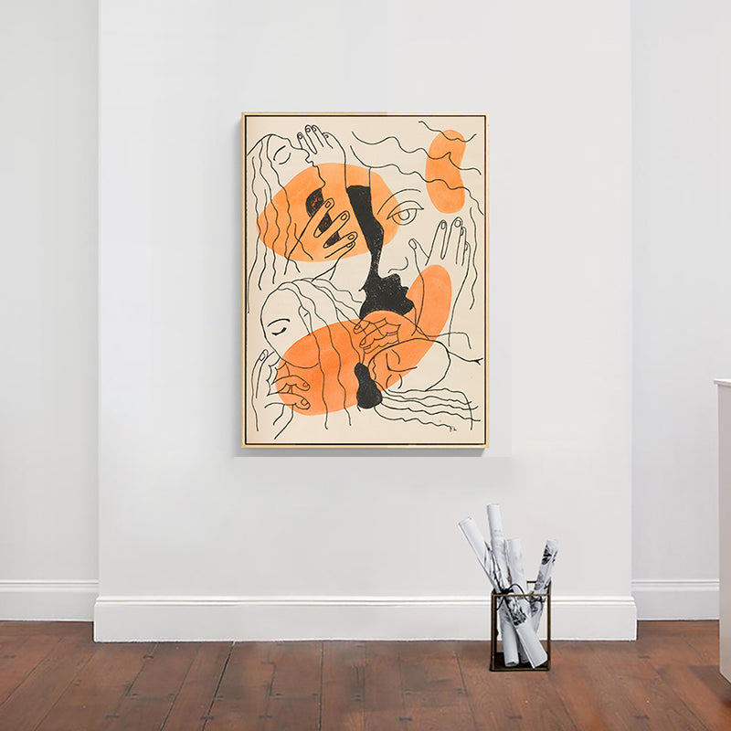 Brehn | Orange Linienzeichnung Figuren Kunstdruck Gesichter und Hände Funky texturierte Leinwand für Zimmer