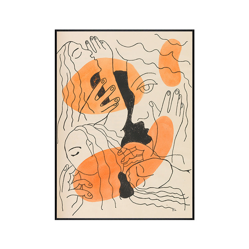 Brehn | Orange Linienzeichnung Figuren Kunstdruck Gesichter und Hände Funky texturierte Leinwand für Zimmer