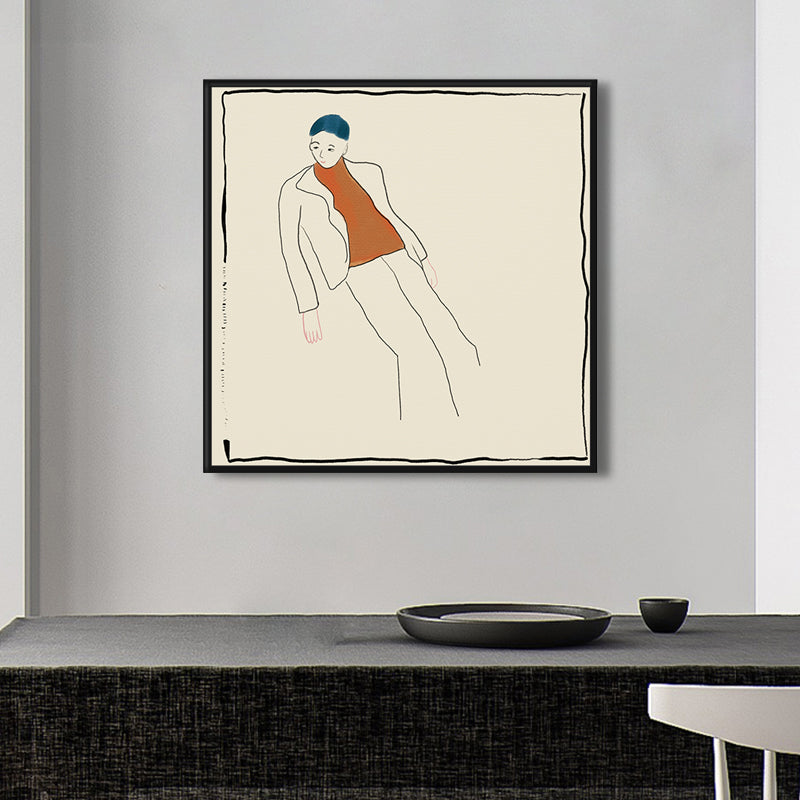 Brehn | Beige Funky Wandkunst Druck Linienzeichnung Junge im Freizeitanzug Leinwand für Wohnzimmer