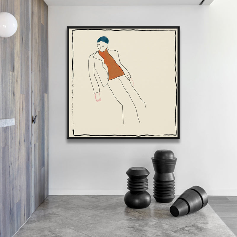 Brehn | Beige Funky Wandkunst Druck Linienzeichnung Junge im Freizeitanzug Leinwand für Wohnzimmer