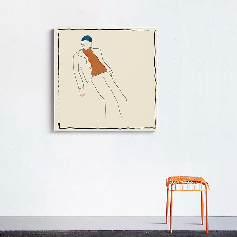Brehn | Beige Funky Wandkunst Druck Linienzeichnung Junge im Freizeitanzug Leinwand für Wohnzimmer