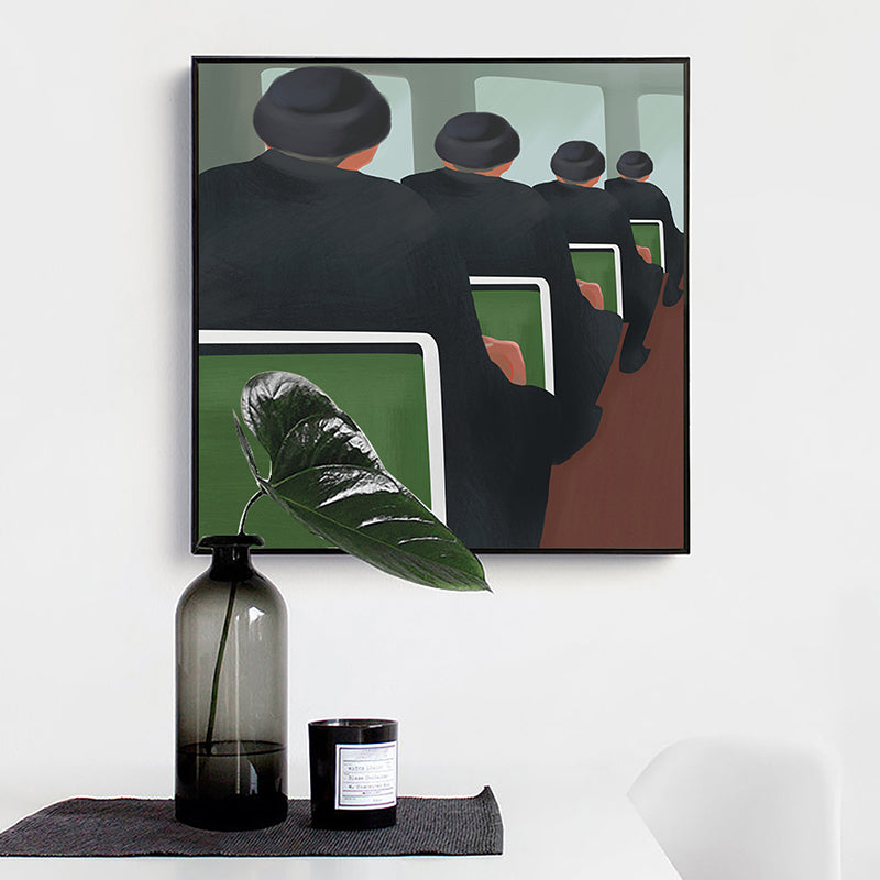 Brehn | Schwarze Funky-Leinwanddruck-Illustration Herren im Zug Wandkunst für Zuhause
