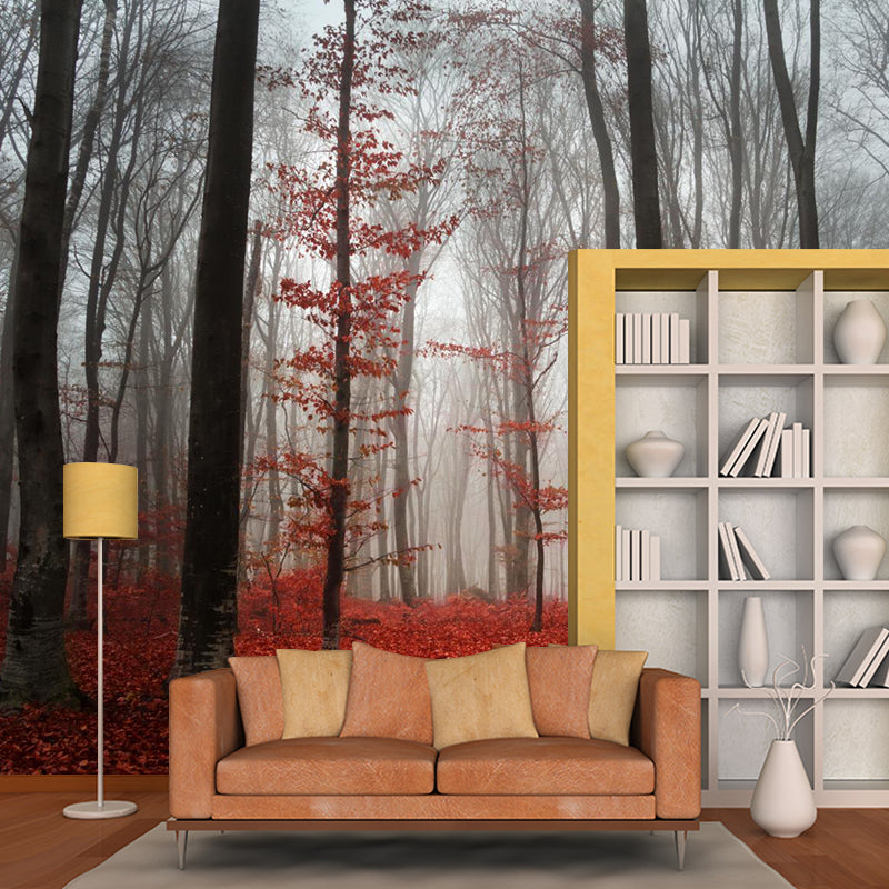 Brehn | Hedendaagse Mistige Bos Muurdecal Pastel Kleur Natuurlijke Landschap Muurcovering