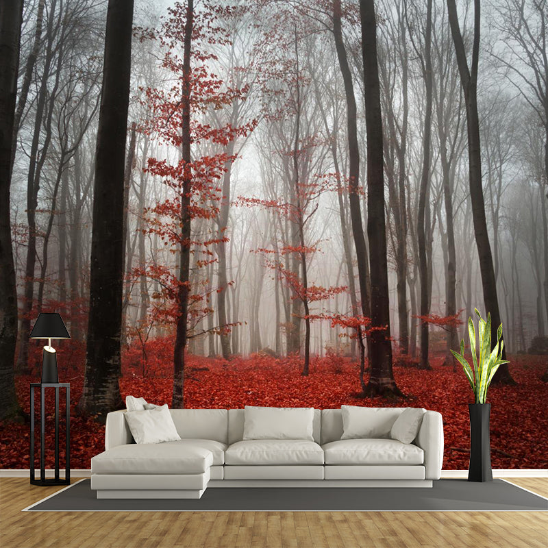 Brehn | Hedendaagse Mistige Bos Muurdecal Pastel Kleur Natuurlijke Landschap Muurcovering