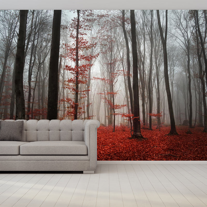 Brehn | Hedendaagse Mistige Bos Muurdecal Pastel Kleur Natuurlijke Landschap Muurcovering