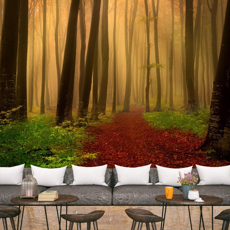 Brehn | Hedendaagse Mistige Bos Muurdecal Pastel Kleur Natuurlijke Landschap Muurcovering